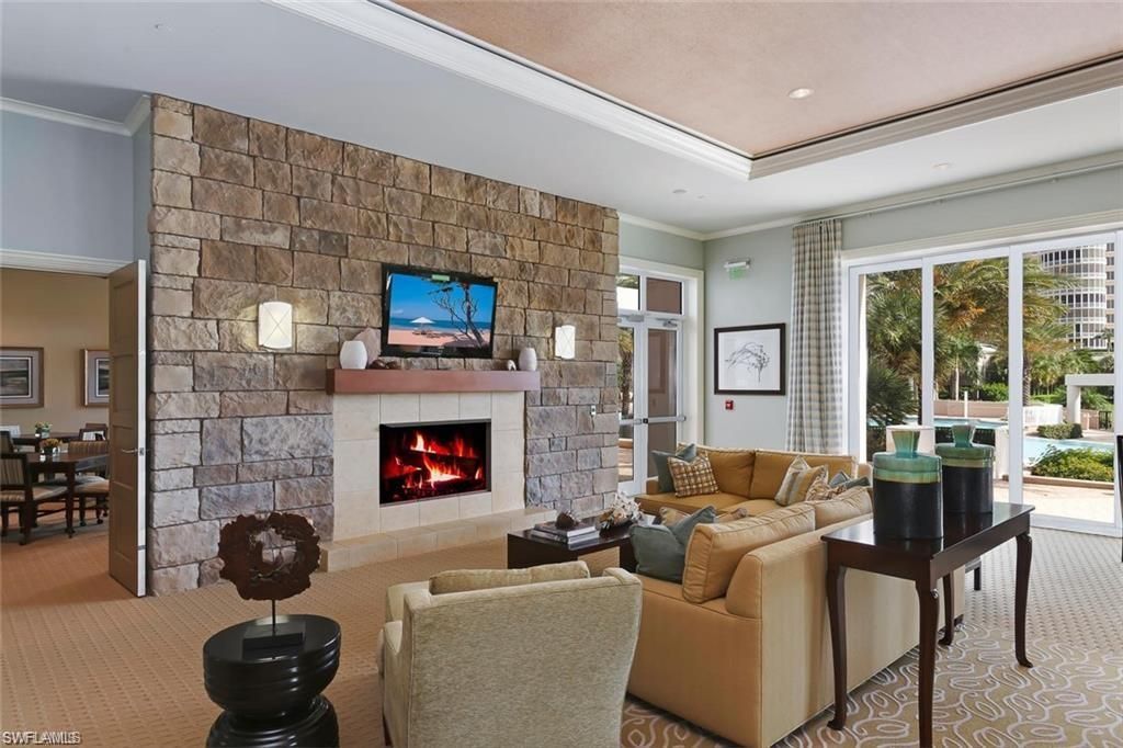 Dining room, Fireplace, Interior, Living room, Recessed Lighting, Stone Walls