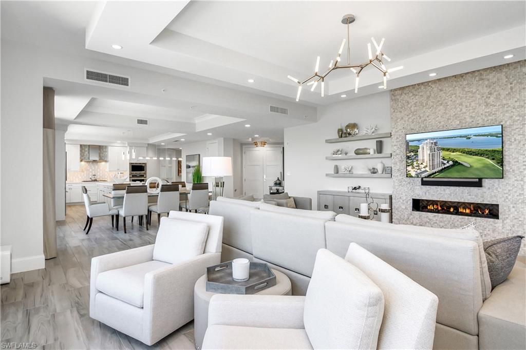 Dining room, Fireplace, Interior, Kitchen, Living room, Pendant Lights, Recessed Lighting, Wood Texture Flooring