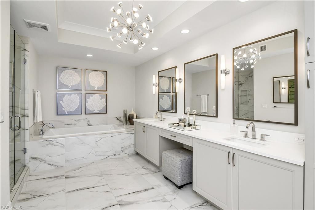Bathroom, Dual Sink Vanities, Glass Shower, Interior, Marble, Pendant Lights, Recessed Lighting