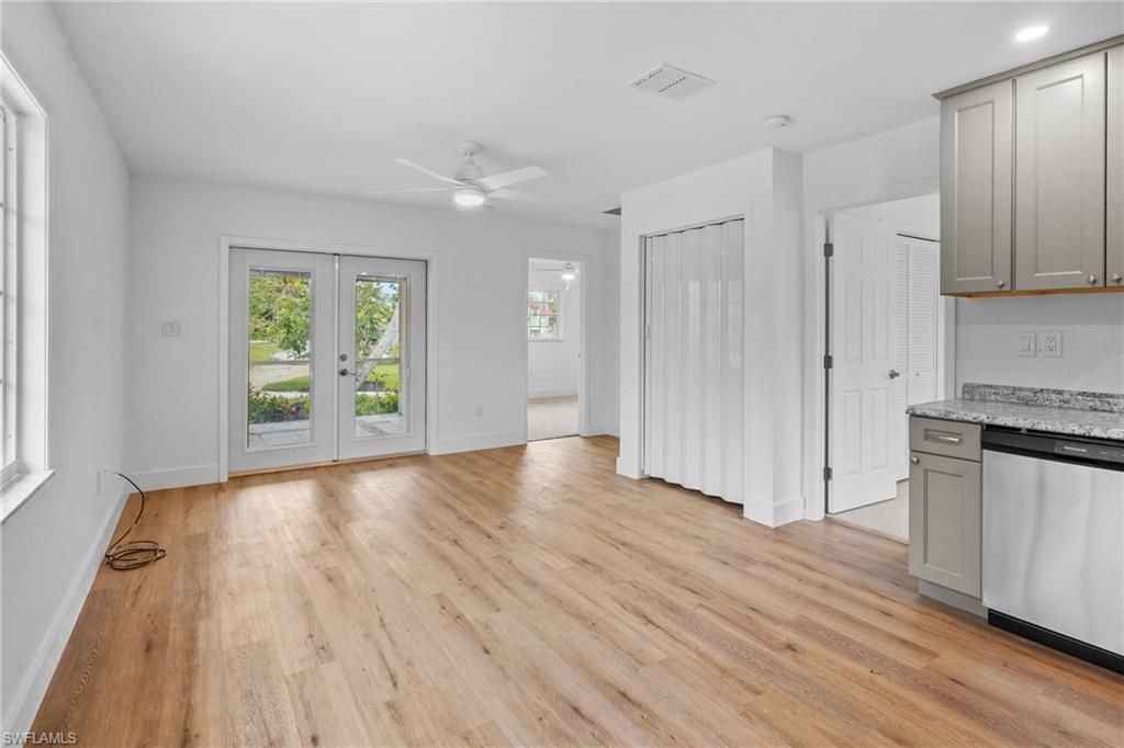 Empty room, Interior, Kitchen, Recessed Lighting, Wood Texture Flooring