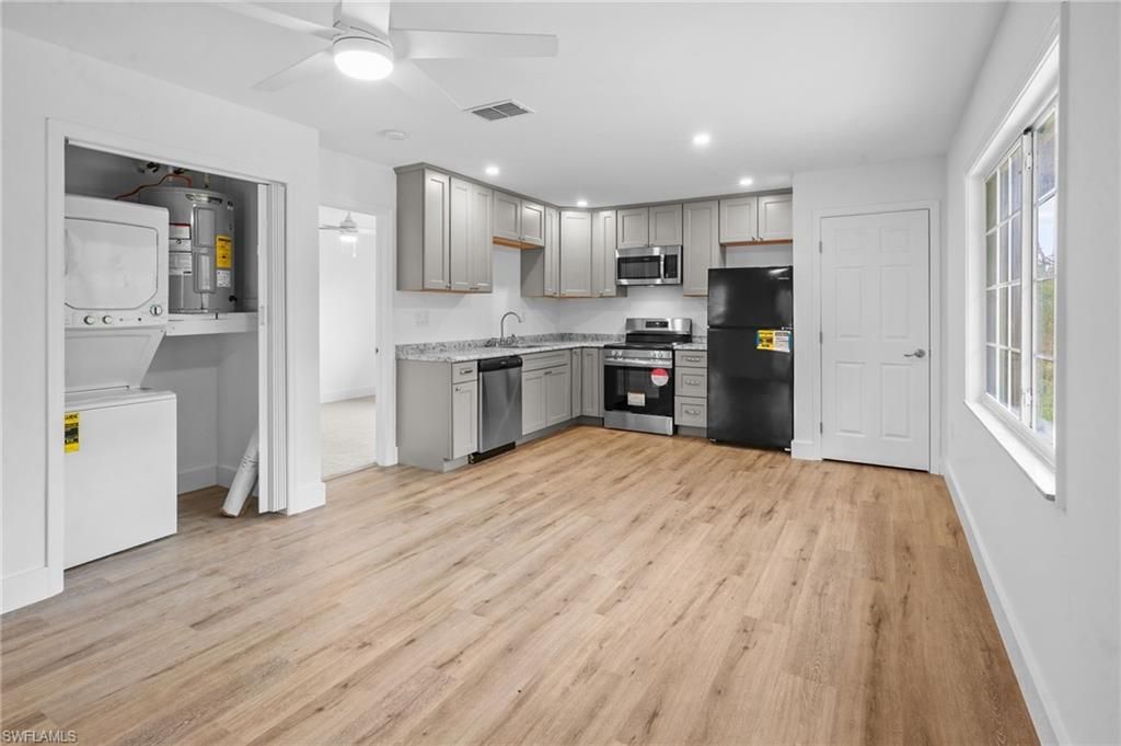 Interior, Kitchen, Recessed Lighting, Stainless Steel Appliances, Wood Texture Flooring