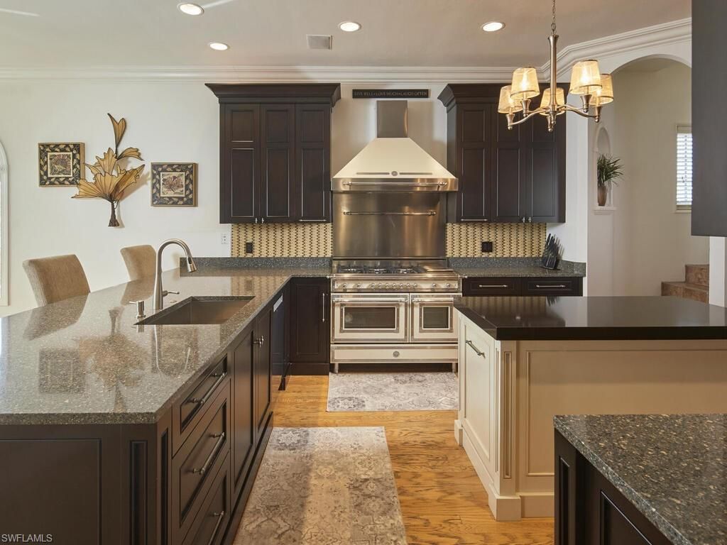 Chandelier, Interior, Kitchen, Pendant Lights, Recessed Lighting, Stainless Steel Appliances, Wood Texture Flooring