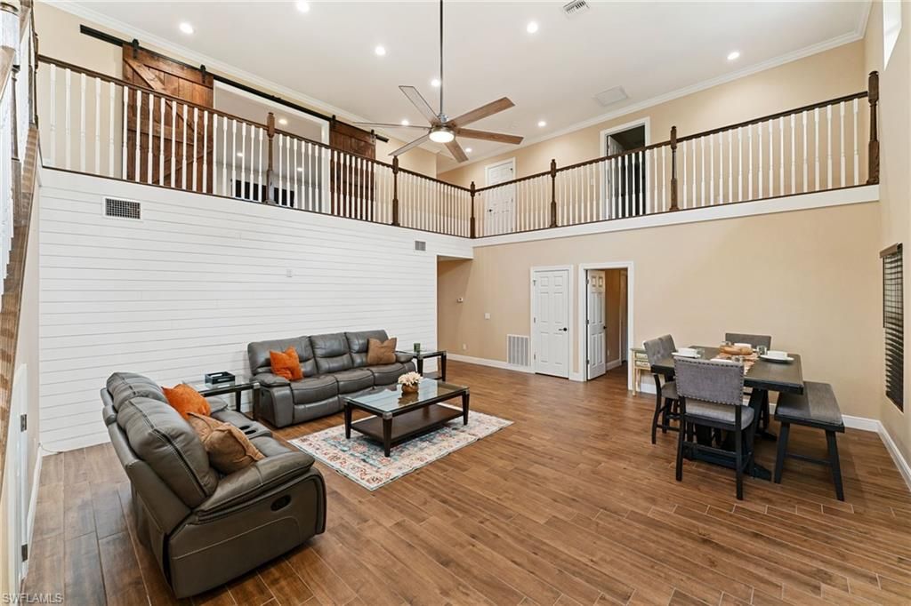 Dining room, Interior, Living room, Recessed Lighting, Wood Texture Flooring