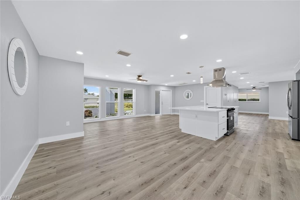 Empty room, Interior, Kitchen, Pendant Lights, Recessed Lighting, Wood Texture Flooring