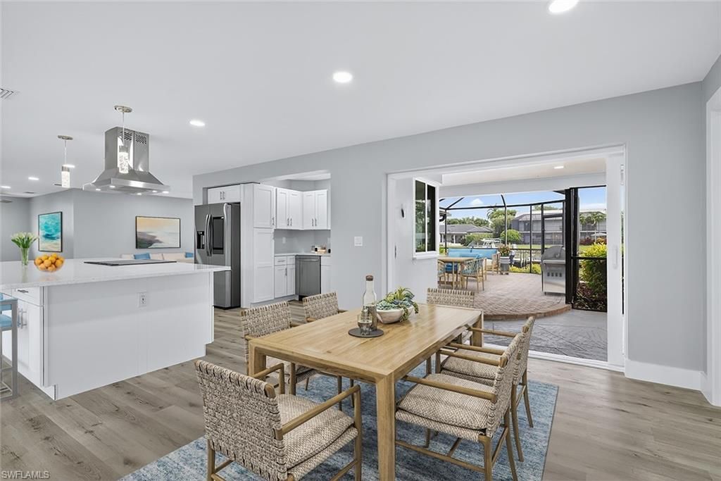 Dining room, Interior, Kitchen, Pendant Lights, Recessed Lighting, Water, Wood Texture Flooring
