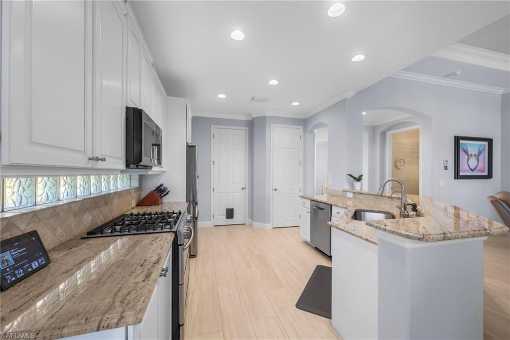 Interior, Kitchen, Recessed Lighting, Stainless Steel Appliances, Wood Texture Flooring