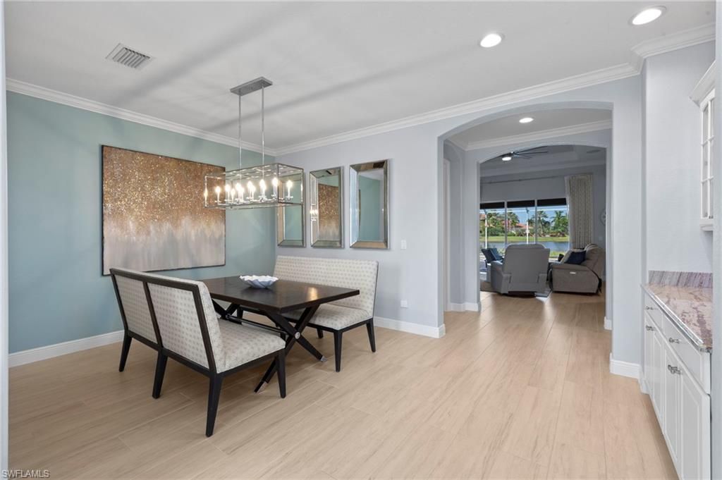 Dining room, Interior, Pendant Lights, Recessed Lighting, Wood Texture Flooring