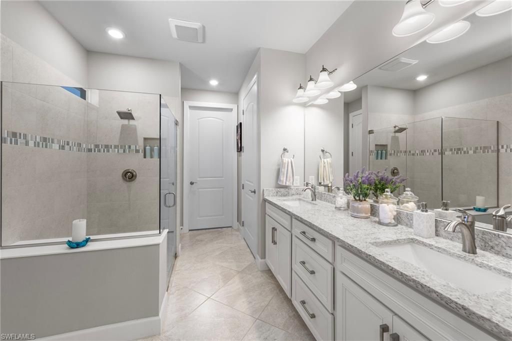 Bathroom, Dual Sink Vanities, Glass Shower, Interior, Recessed Lighting