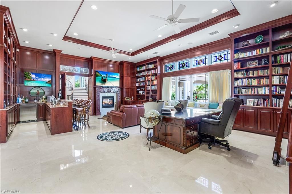 Fireplace, Home Office, Interior, Living room, Pendant Lights, Recessed Lighting, Wooden Walls
