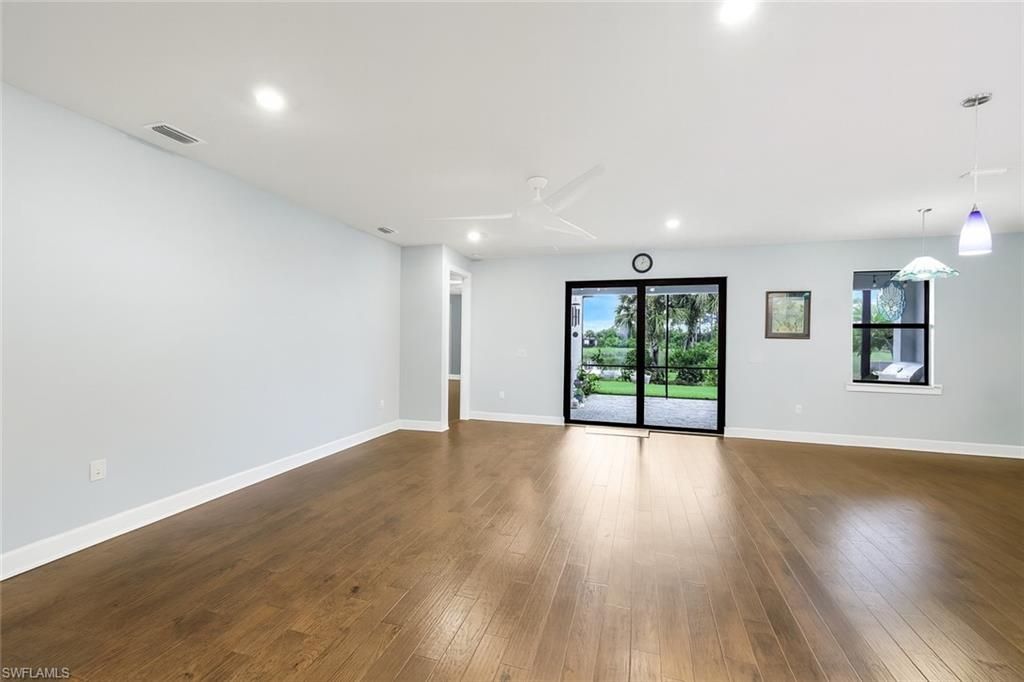 Empty room, Interior, Pendant Lights, Recessed Lighting, Wood Texture Flooring