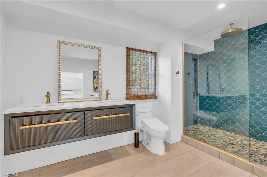 Bathroom, Glass Shower, Interior, Recessed Lighting, Wood Texture Flooring