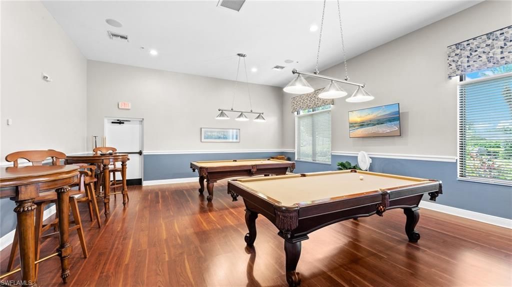 Billiard Table, Chandelier, Game Room, Interior, Pendant Lights, Recessed Lighting, Wood Texture Flooring