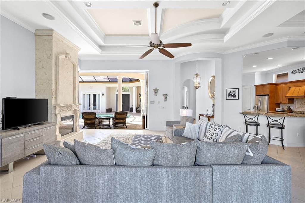 Dining room, Fireplace, Interior, Kitchen, Living room, Pendant Lights, Recessed Lighting, Stainless Steel Appliances