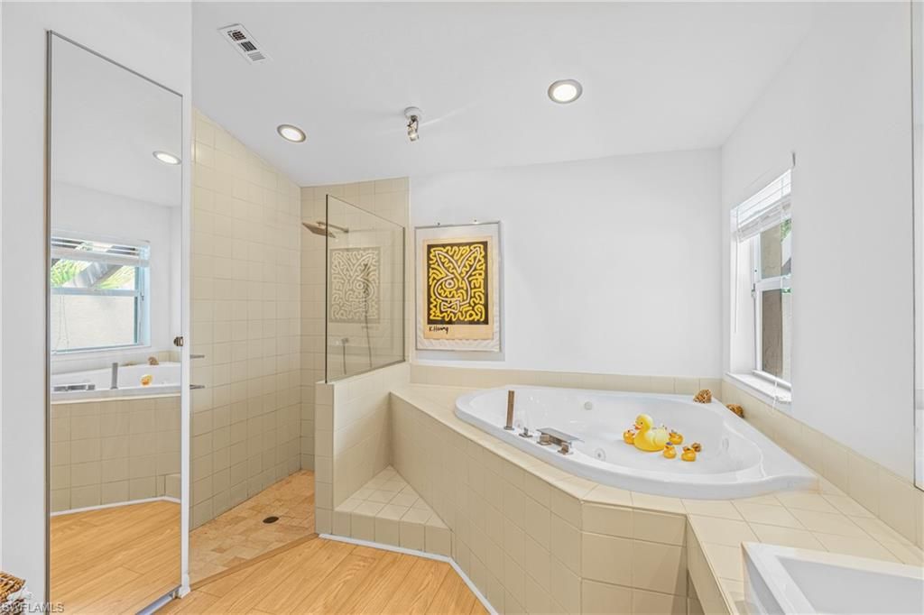 Bathroom, Glass Shower, Interior, Recessed Lighting, Wood Texture Flooring