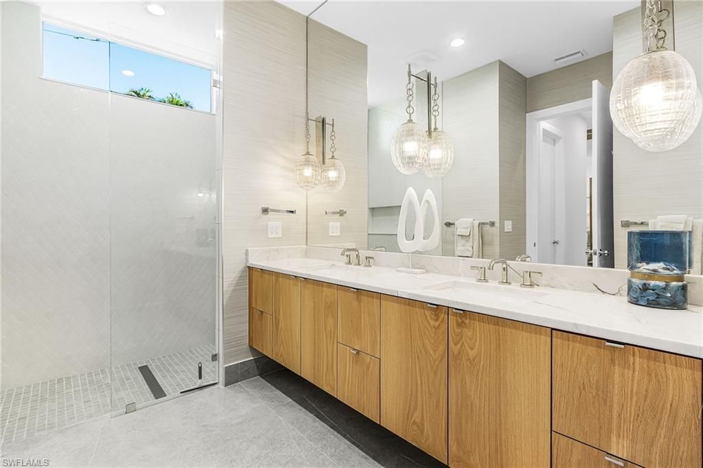 Bathroom, Dual Sink Vanities, Glass Shower, Interior, Pendant Lights, Recessed Lighting