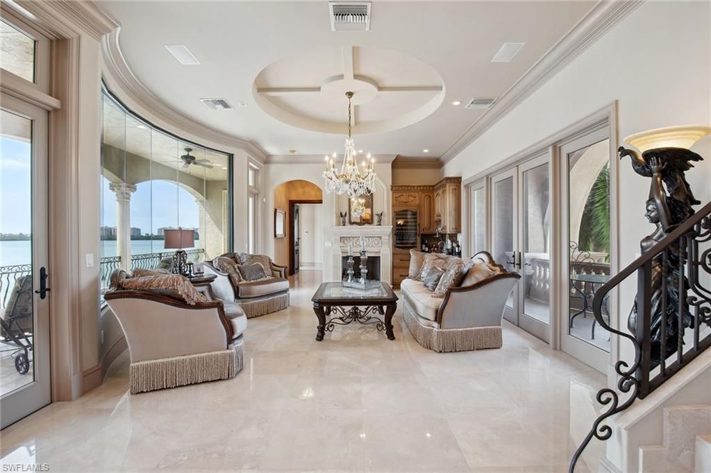 Chandelier, Fireplace, Interior, Living room, Recessed Lighting, Water