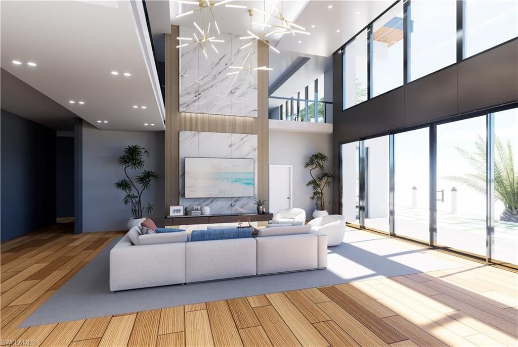 Interior, Living room, Marble Walls, Pendant Lights, Recessed Lighting, Wood Texture Flooring