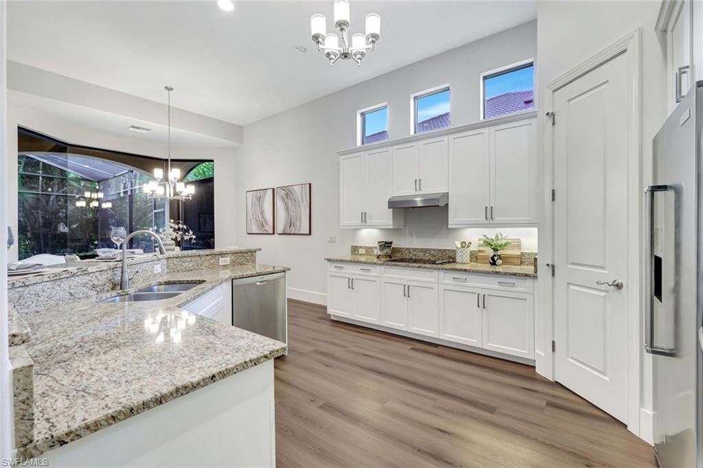 Chandelier, Interior, Kitchen, Pendant Lights, Recessed Lighting, Wood Texture Flooring