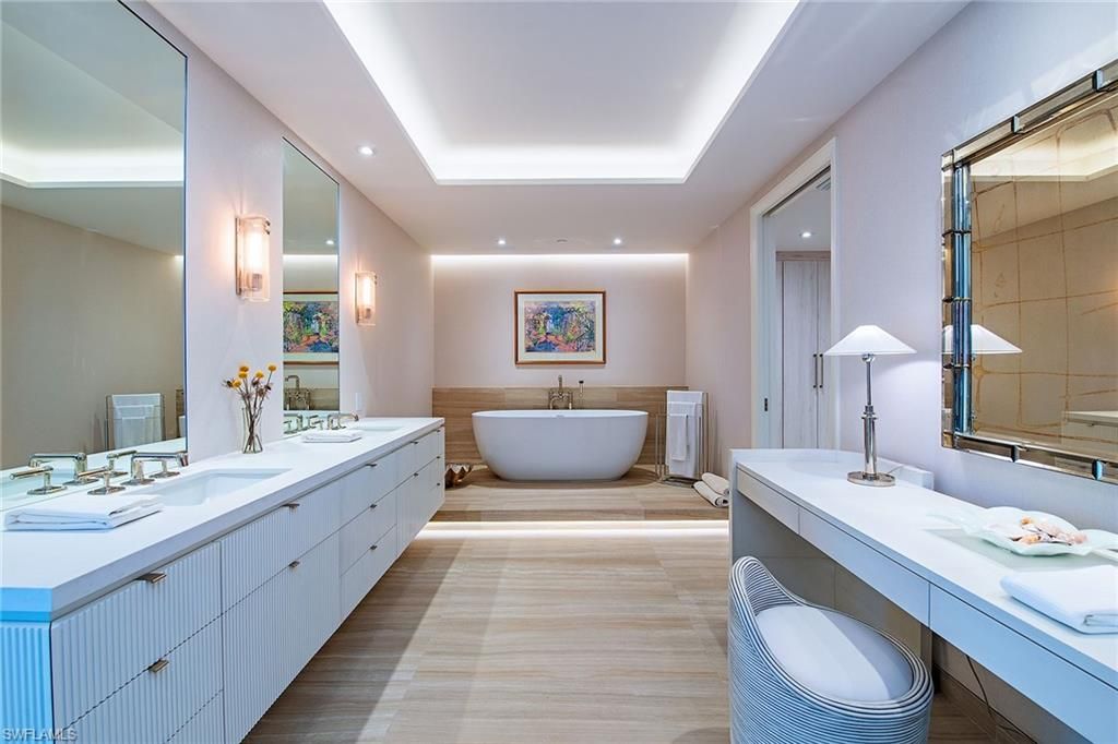 Bathroom, Dual Sink Vanities, Free Standing Baths, Glass Shower, Interior, Recessed Lighting, Wood Texture Flooring