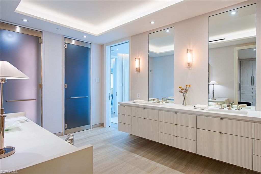 Bathroom, Dual Sink Vanities, Interior, Recessed Lighting, Wood Texture Flooring