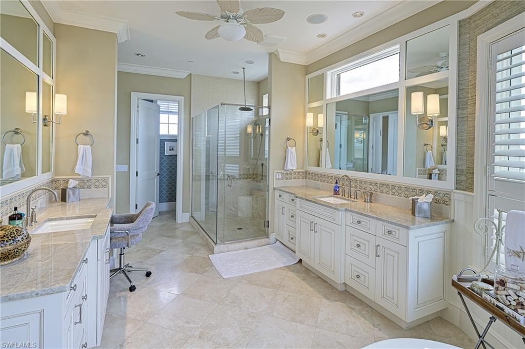 Bathroom, Dual Sink Vanities, Glass Shower, Interior, Recessed Lighting