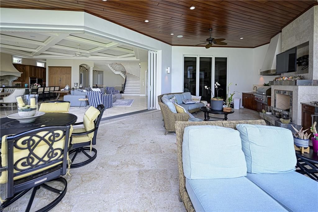 Dining room, Fireplace, Interior, Kitchen, Living room, Recessed Lighting, Wooden Ceilings