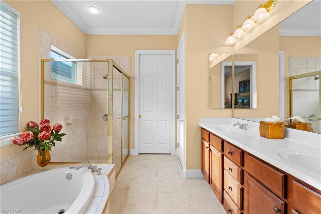 Bathroom, Dual Sink Vanities, Glass Shower, Interior, Recessed Lighting, Tile Countertops
