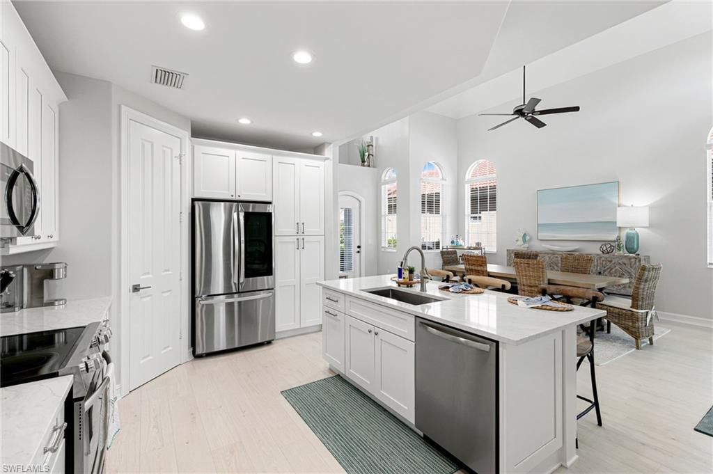 Interior, Kitchen, Living room, Recessed Lighting, Stainless Steel Appliances, Wood Texture Flooring