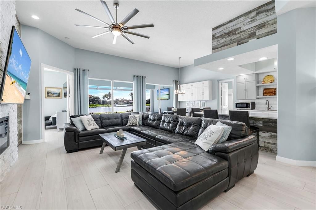Dining room, Fireplace, Interior, Kitchen, Living room, Pendant Lights, Recessed Lighting, Wood Texture Flooring