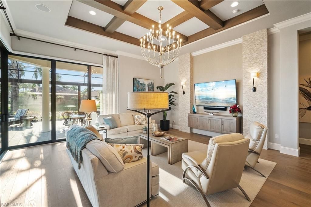 Chandelier, Interior, Living room, Recessed Lighting, Wooden Beams, Wood Texture Flooring