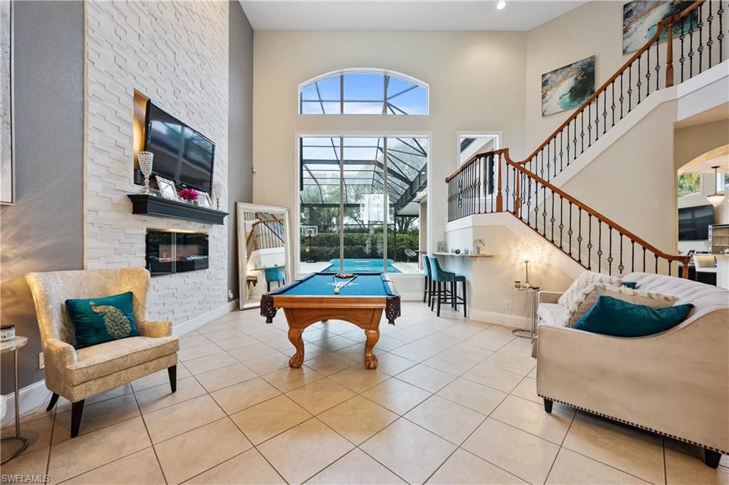 Billiard Table, Fireplace, Game Room, Interior, Recessed Lighting, Stone Walls