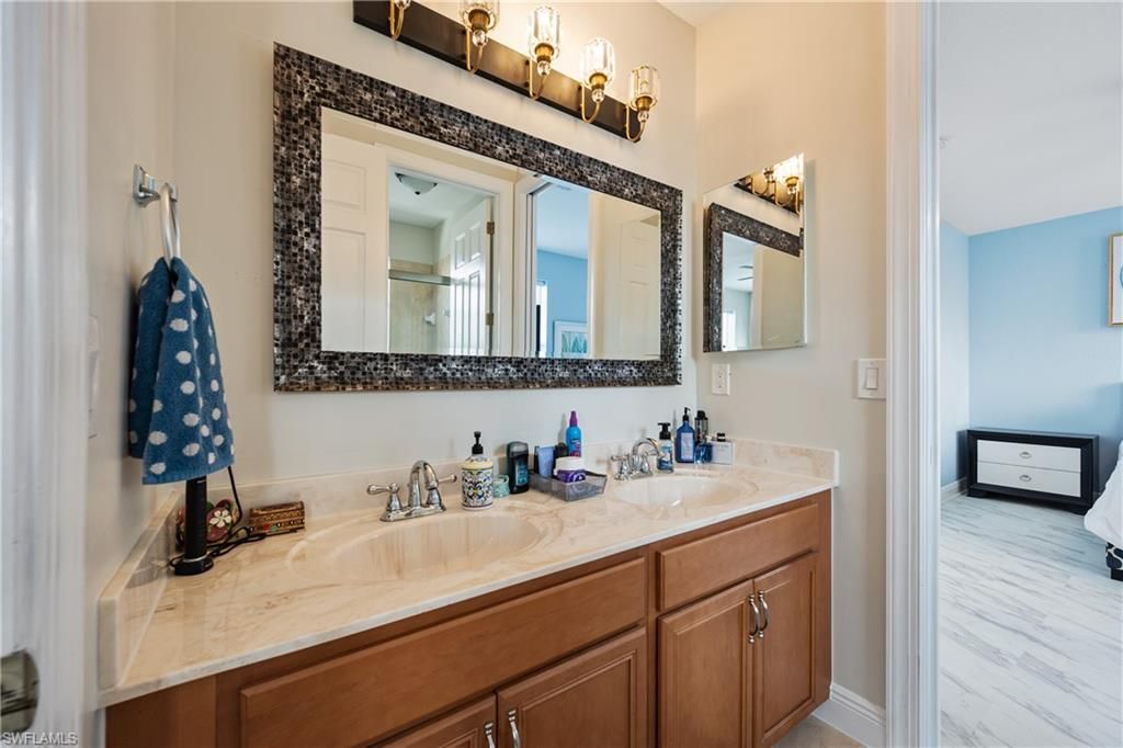 Bathroom, Dual Sink Vanities, Interior, Marble, Wood Texture Flooring