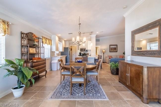 Chandelier, Dining room, Interior, Kitchen, Living room, Recessed Lighting, Stainless Steel Appliances