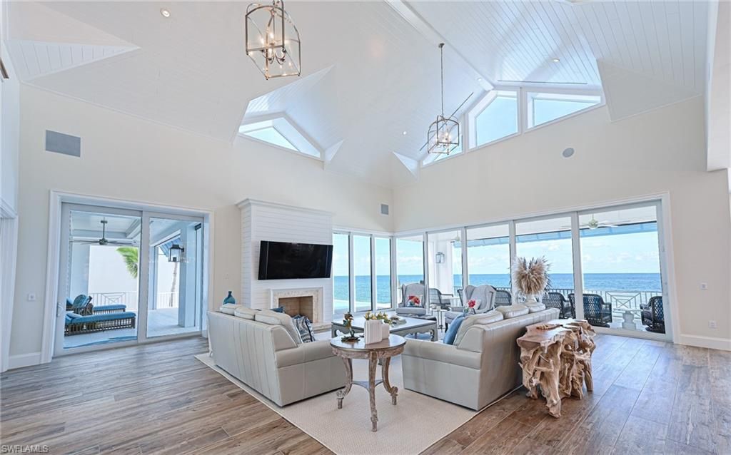 Fireplace, Interior, Living room, Pendant Lights, Water, Wood Texture Flooring