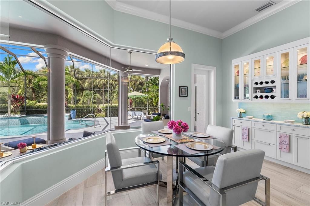 Dining room, Interior, Pendant Lights, Sun Room, Wood Texture Flooring