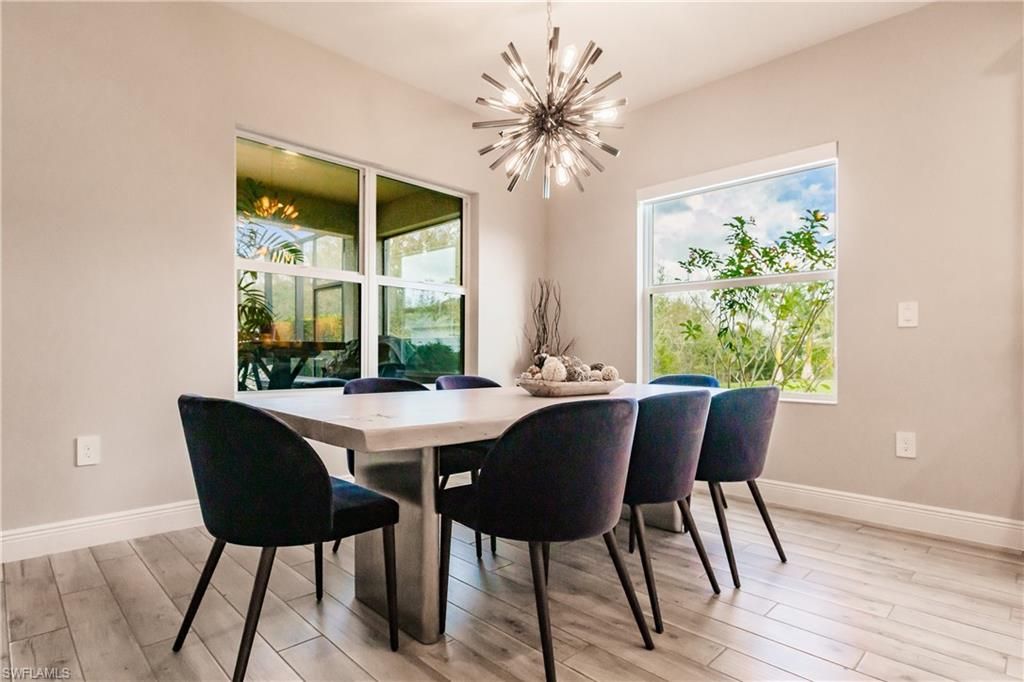 Dining room, Interior, Pendant Lights, Wood Texture Flooring