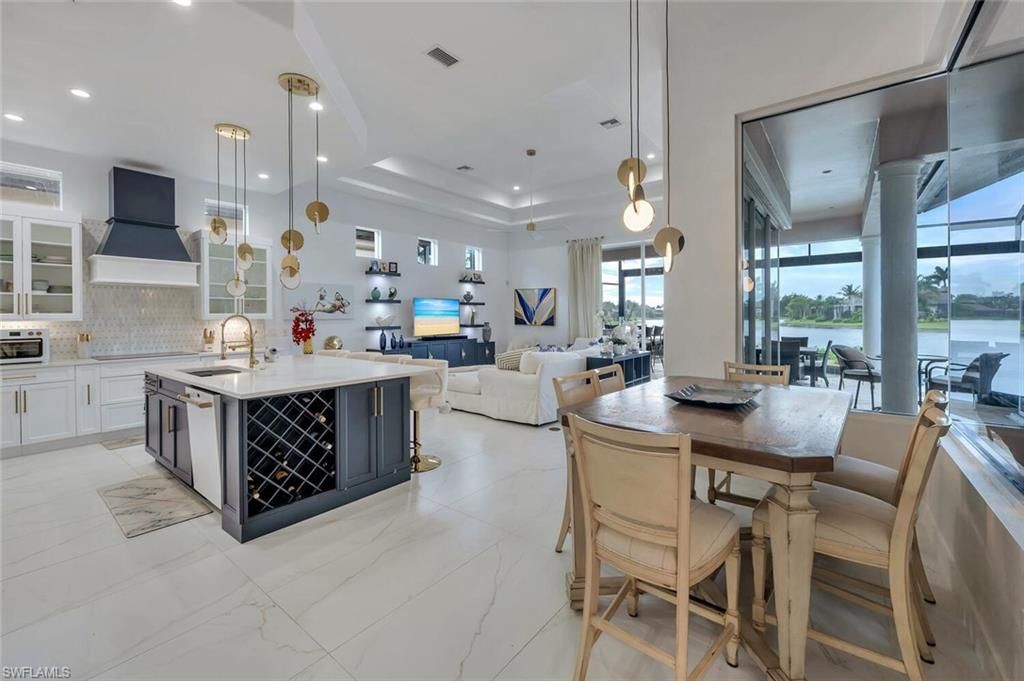 Dining room, Interior, Kitchen, Living room, Marble, Pendant Lights, Recessed Lighting, Stainless Steel Appliances, Water