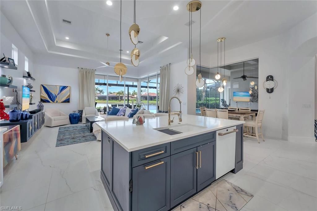 Dining room, Interior, Kitchen, Living room, Marble, Pendant Lights, Recessed Lighting, Stainless Steel Appliances