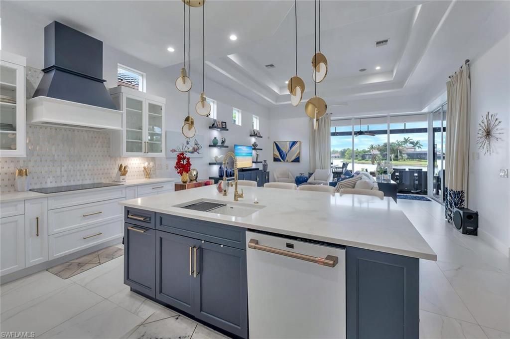 Interior, Kitchen, Living room, Marble, Pendant Lights, Recessed Lighting, Stainless Steel Appliances, Water