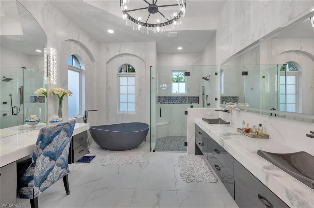Bathroom, Dual Sink Vanities, Free Standing Baths, Glass Shower, Interior, Marble, Marble Walls, Recessed Lighting