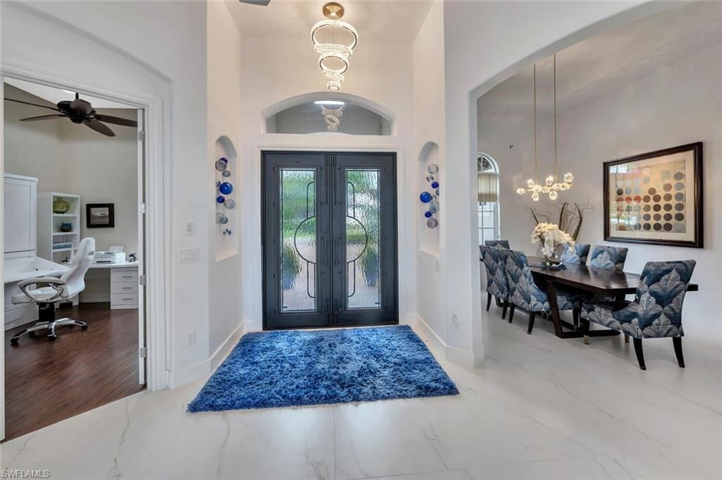 Chandelier, Home Office, Interior, Marble, Pendant Lights, Wood Texture Flooring