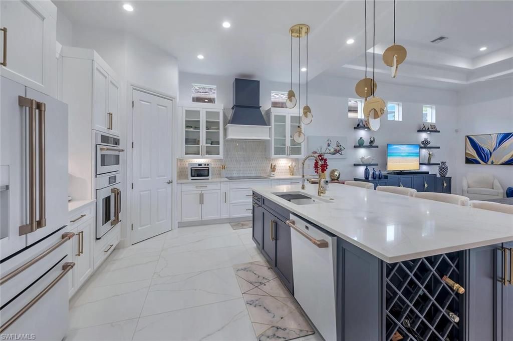 Interior, Kitchen, Marble, Pendant Lights, Recessed Lighting, Stainless Steel Appliances