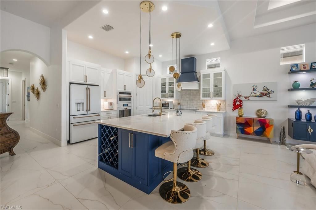 Interior, Kitchen, Marble, Pendant Lights, Recessed Lighting, Stainless Steel Appliances