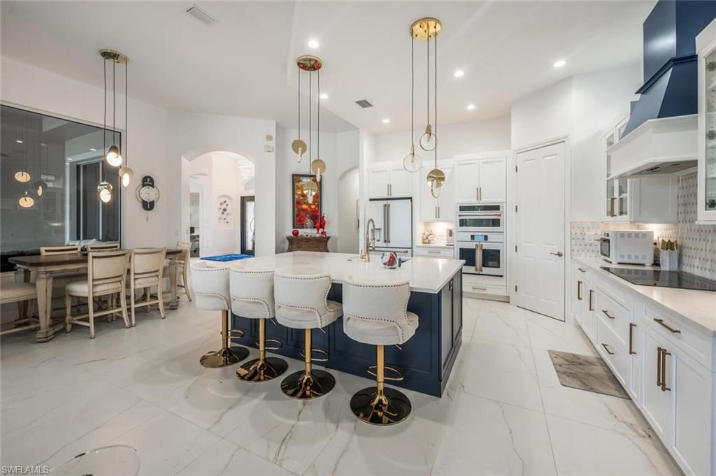 Interior, Kitchen, Marble, Pendant Lights, Recessed Lighting, Stainless Steel Appliances