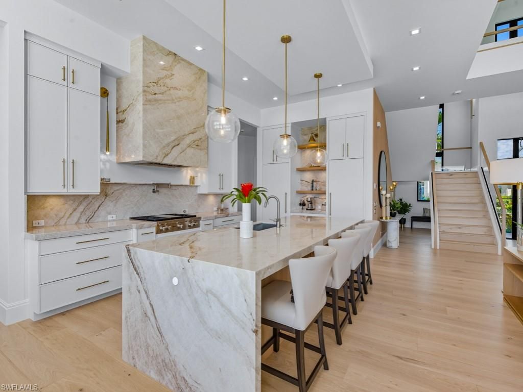 Interior, Kitchen, Marble Walls, Pendant Lights, Recessed Lighting, Wood Texture Flooring