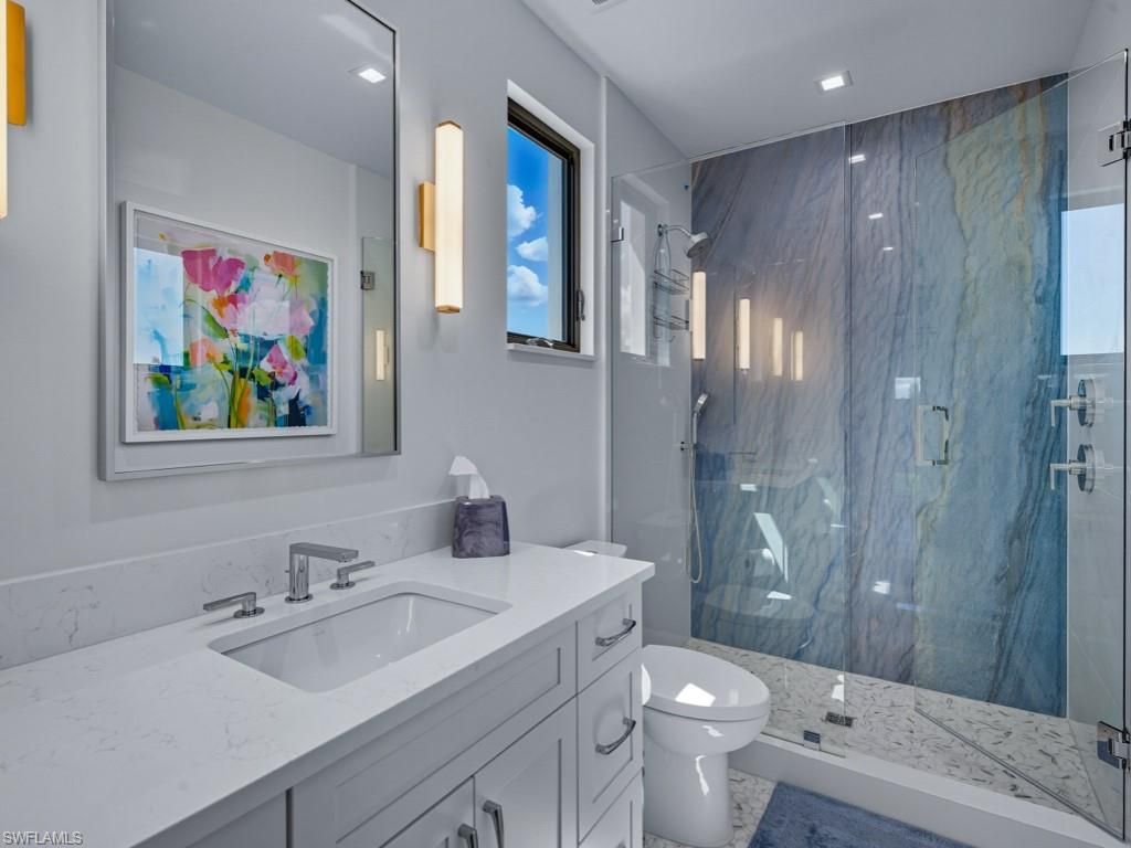 Bathroom, Glass Shower, Interior, Marble Walls, Recessed Lighting