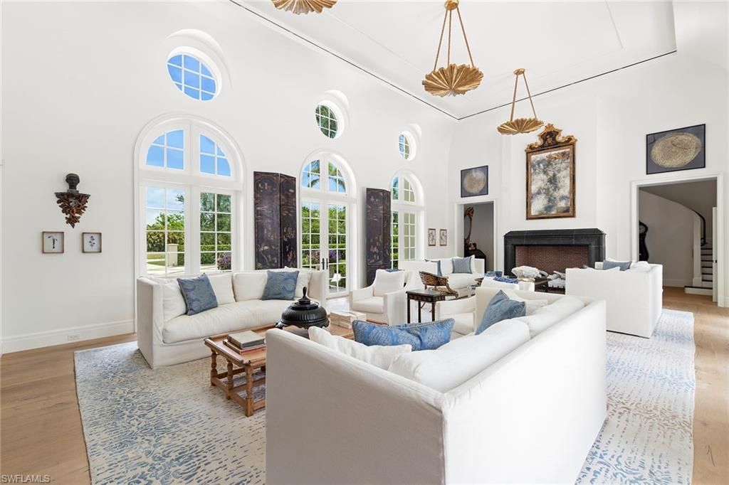 Fireplace, Interior, Living room, Pendant Lights, Wood Texture Flooring