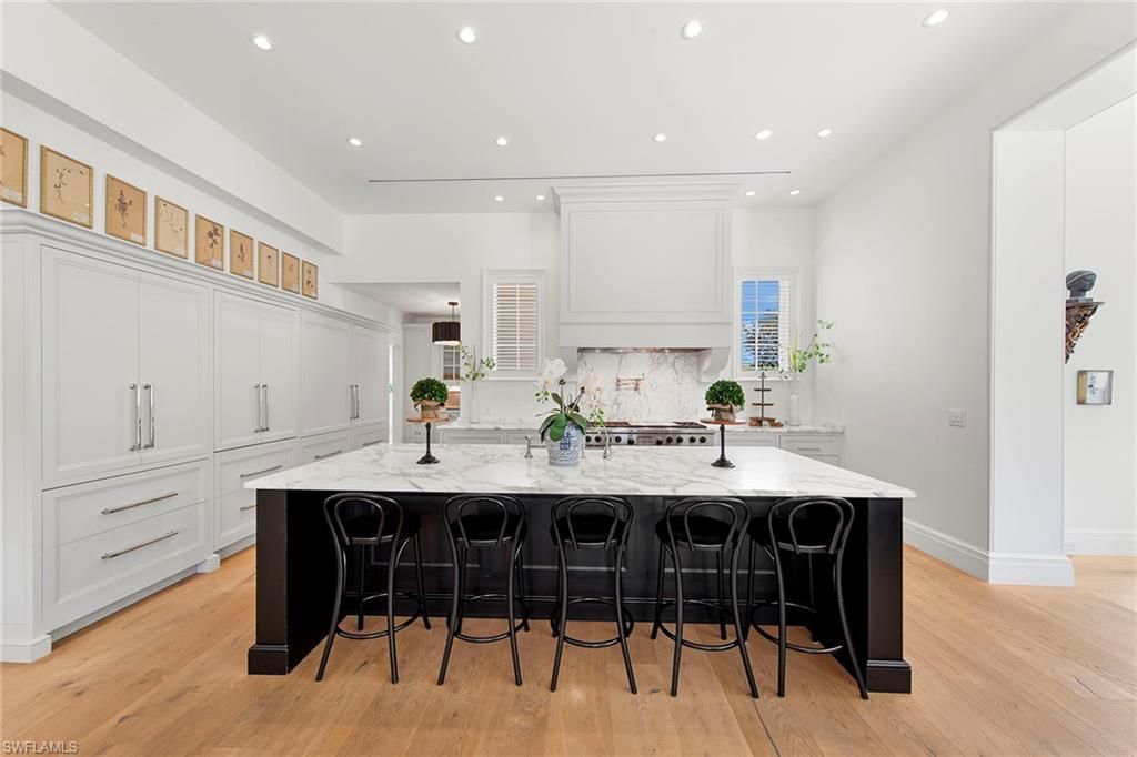 Interior, Kitchen, Marble Walls, Recessed Lighting, Wood Texture Flooring