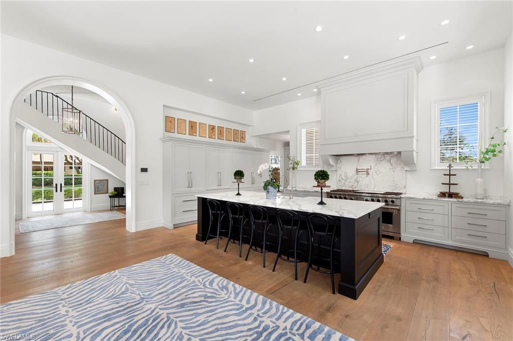 Interior, Kitchen, Marble Walls, Recessed Lighting, Wood Texture Flooring