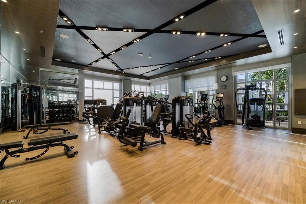 Fitness Equipment, Gym, Interior, Recessed Lighting, Wood Texture Flooring